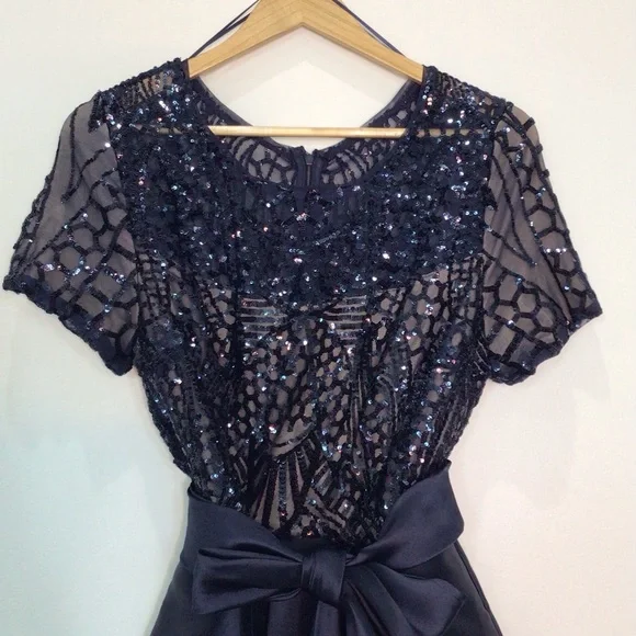 R&M Richards Blue Sequin Embellished Asymmetrical front design Midi Gown Size 12 - Picture 4 of 7